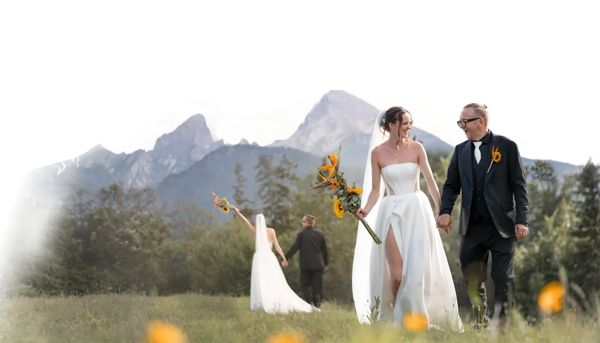 Wedding montage with two couple portraits in front of mountains.