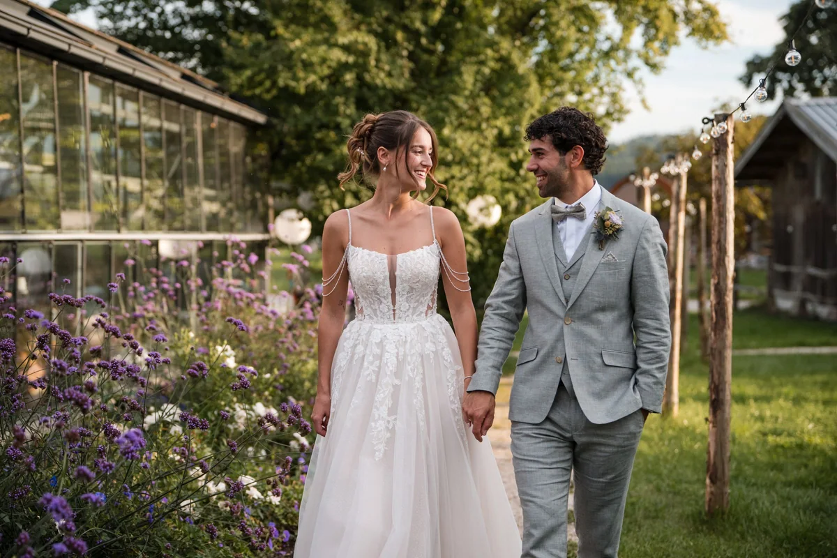 Leah und Sina gehen lachend zwischen Blumen und einer Glasfront.